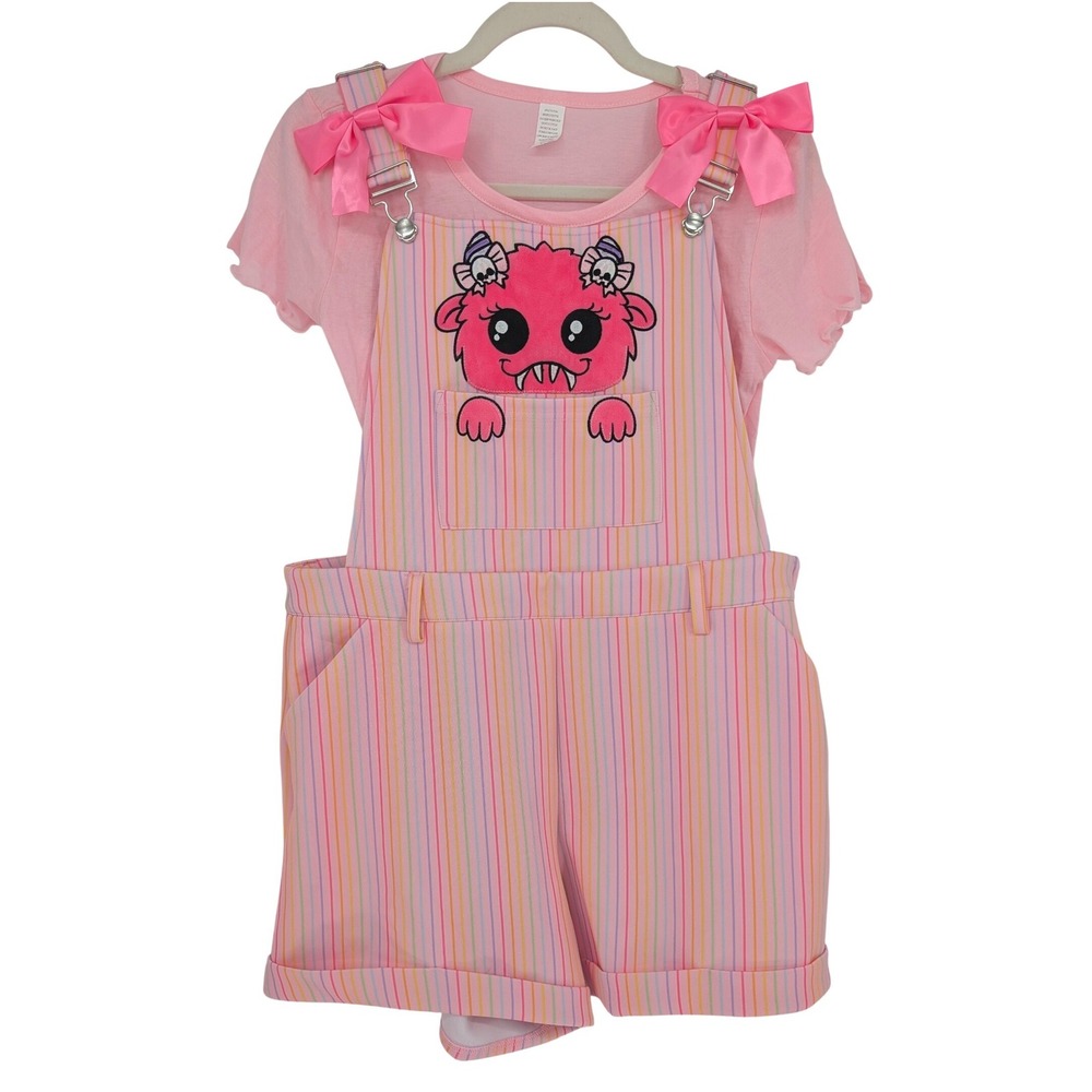 Hot Topic Sweet Society Monster Shortalls L Pink Pastel Stripe Bow Kawaii Cute